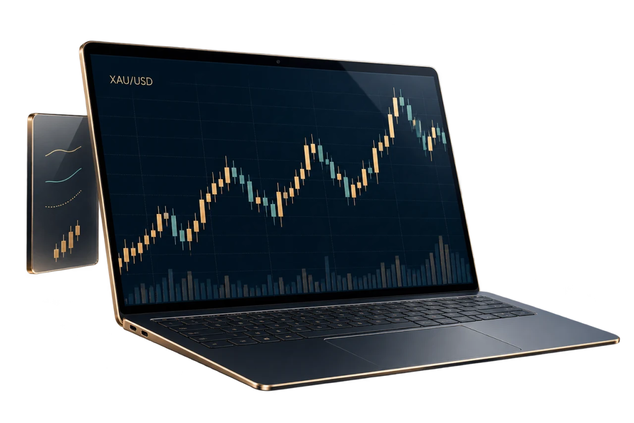 لپ‌تاپ تحلیل معاملات طلا با نمودار نمادین XAU/USD