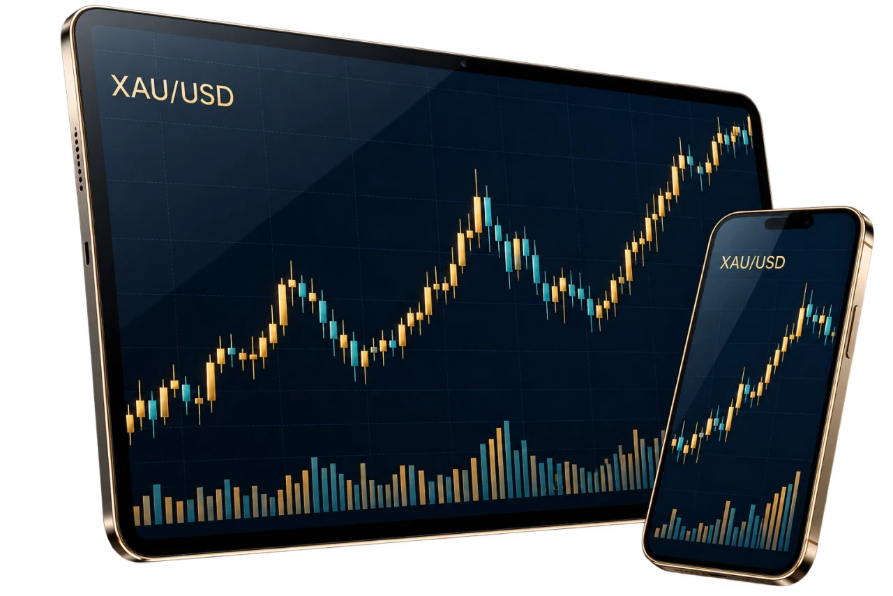 نمای سه‌بعدی تبلت و موبایل با نمودار XAU/USD و پس‌زمینه شفاف
